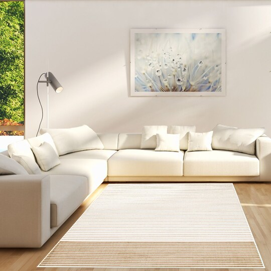 Chaudhary Living 5.25' x 7.25' White and Tan Striped Rectangular Area Throw Rug